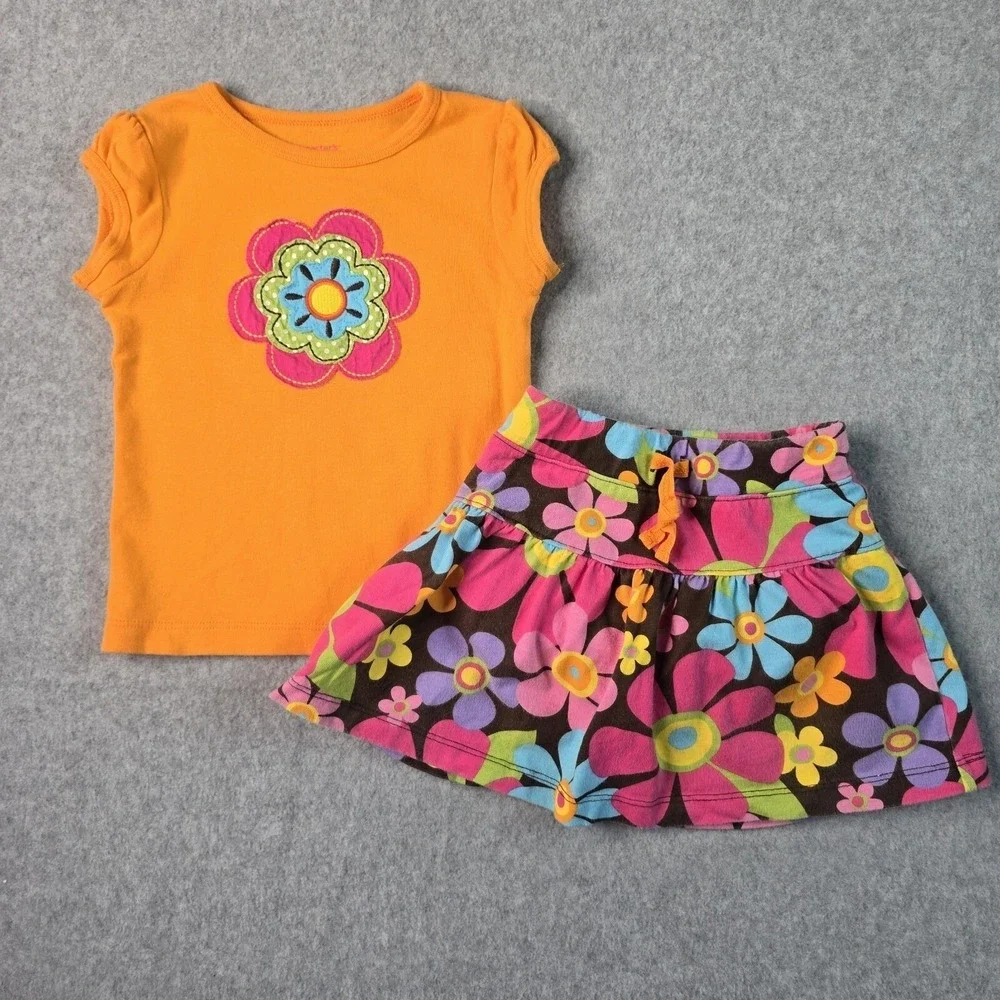 Carter's Orange Flower Shirt & Floral Skort Set Toddler Girl 24M Summer‎ Casual - Picture 2 of 15